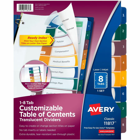 Avery® Ready Index Customizable TOC Binder Dividers - 8 x Divider(s) - 8 Tab(s) - 1-8 - 8 Tab(s)/Set - 8.5" Divider Width x 11" Divider Length - 3 Hole Punched - Clear Plastic Divider - Multicolor Plastic Tab(s) - 8 / Set