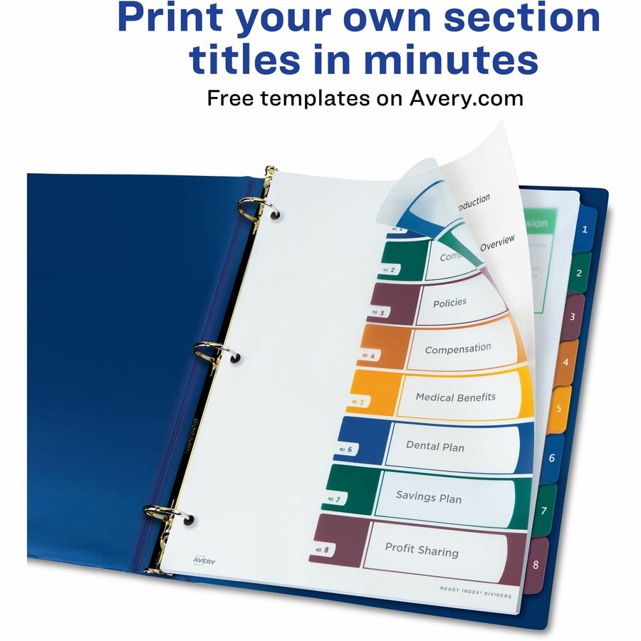 Avery® Ready Index Customizable TOC Binder Dividers - 8 x Divider(s) - 8 Tab(s) - 1-8 - 8 Tab(s)/Set - 8.5" Divider Width x 11" Divider Length - 3 Hole Punched - Clear Plastic Divider - Multicolor Plastic Tab(s) - 8 / Set