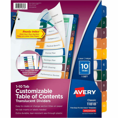 Avery® Ready Index Customizable TOC Binder Dividers - 10 x Divider(s) - 10 Tab(s) - 1-10 - 10 Tab(s)/Set - 8.5" Divider Width x 11" Divider Length - 3 Hole Punched - Clear Plastic Divider - Multicolor Plastic Tab(s) - 10 / Set