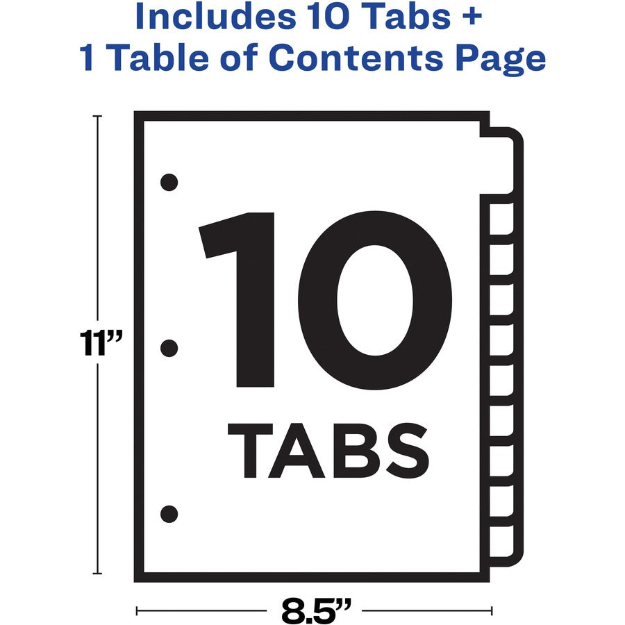 Avery® Ready Index Customizable TOC Binder Dividers - 10 x Divider(s) - 10 Tab(s) - 1-10 - 10 Tab(s)/Set - 8.5" Divider Width x 11" Divider Length - 3 Hole Punched - Clear Plastic Divider - Multicolor Plastic Tab(s) - 10 / Set