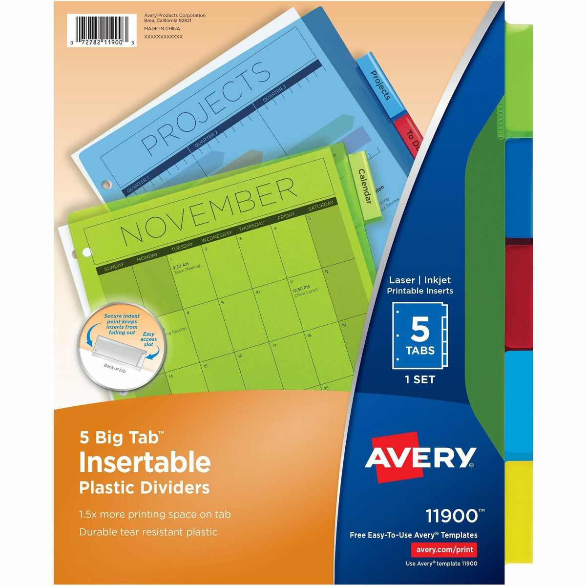 Avery® Big Tab&trade; Insertable Plastic Dividersfor Laser and Inkjet Printers - 5 x Divider(s) - 5 - 5 Tab(s)/Set - 8.5" Divider Width x 11" Divider Length - 3 Hole Punched - Translucent Plastic Divider - Multicolor Plastic Tab(s) - 5 / Set