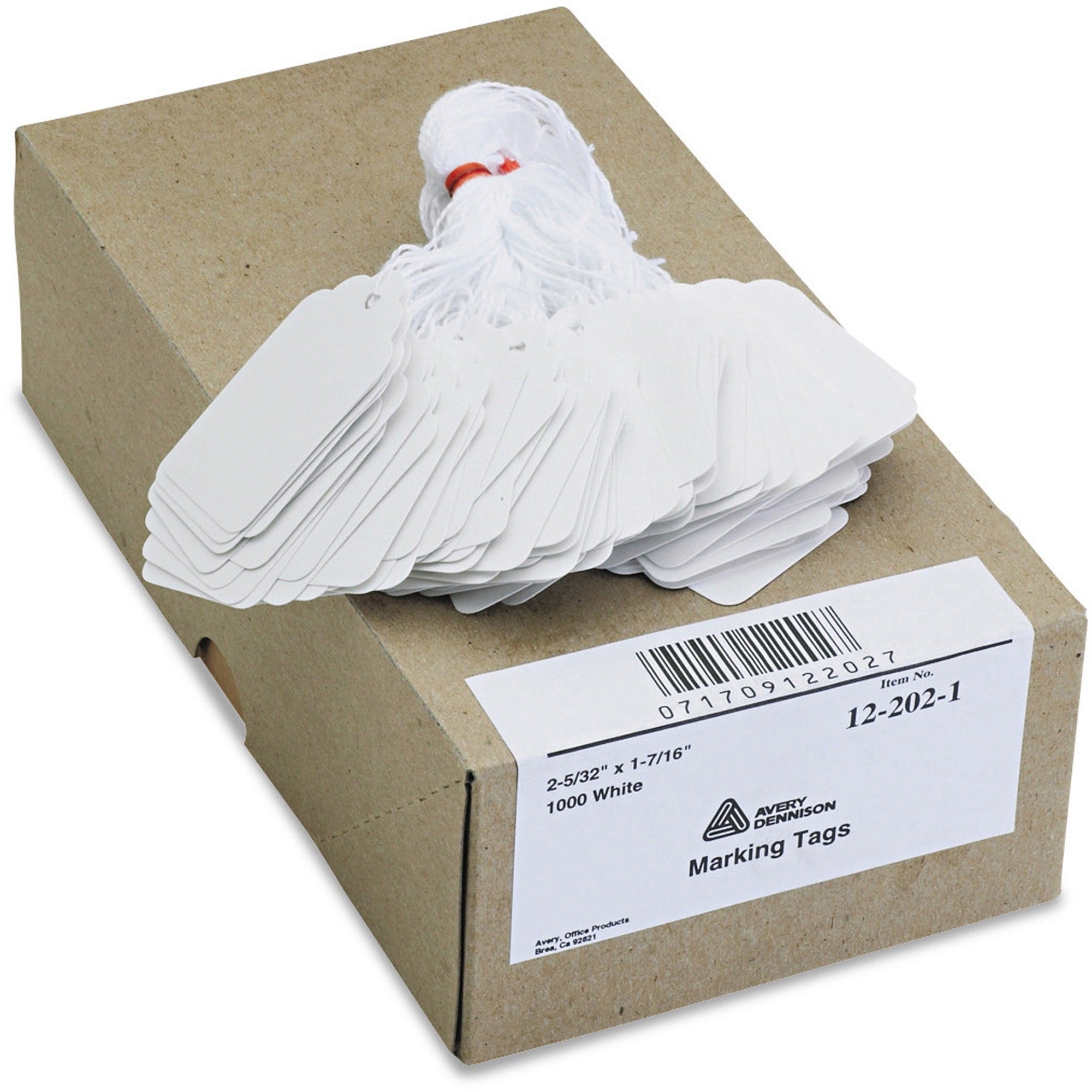 Avery® Marking Tags, String, 2-5/32" x 1-7/16" , 1,000 Tags (12202) - 2.16" Length x 1.44" Width - Rectangular - Twine Fastener - Cotton, Polyester, Card Stock - White - 1000 / Box