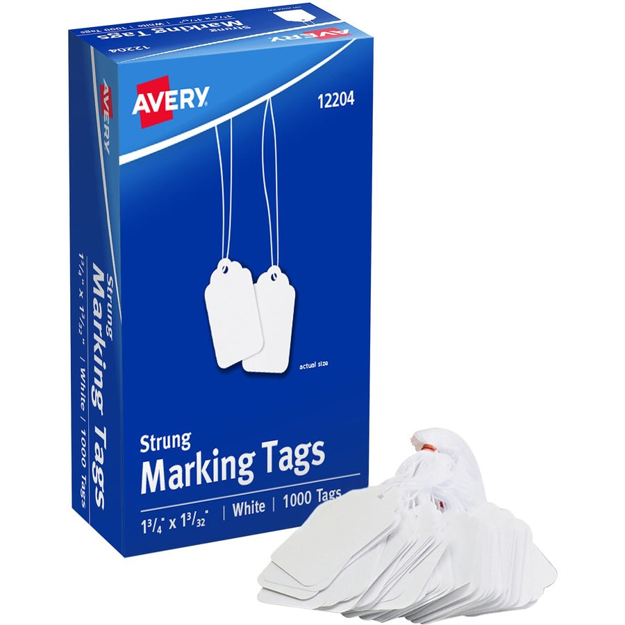 Avery® Marking Tags, Strung, 1-3/4" x 1-3/32" , 1,000 Tags (12204) - 1.75" Length x 1.09" Width - Rectangular - Twine Fastener - Cotton, Polyester - White - 1000 / Box