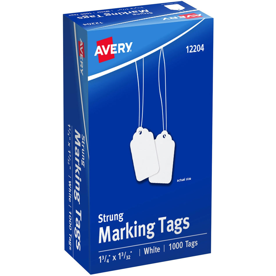 Avery® Marking Tags, Strung, 1-3/4" x 1-3/32" , 1,000 Tags (12204) - 1.75" Length x 1.09" Width - Rectangular - Twine Fastener - Cotton, Polyester - White - 1000 / Box
