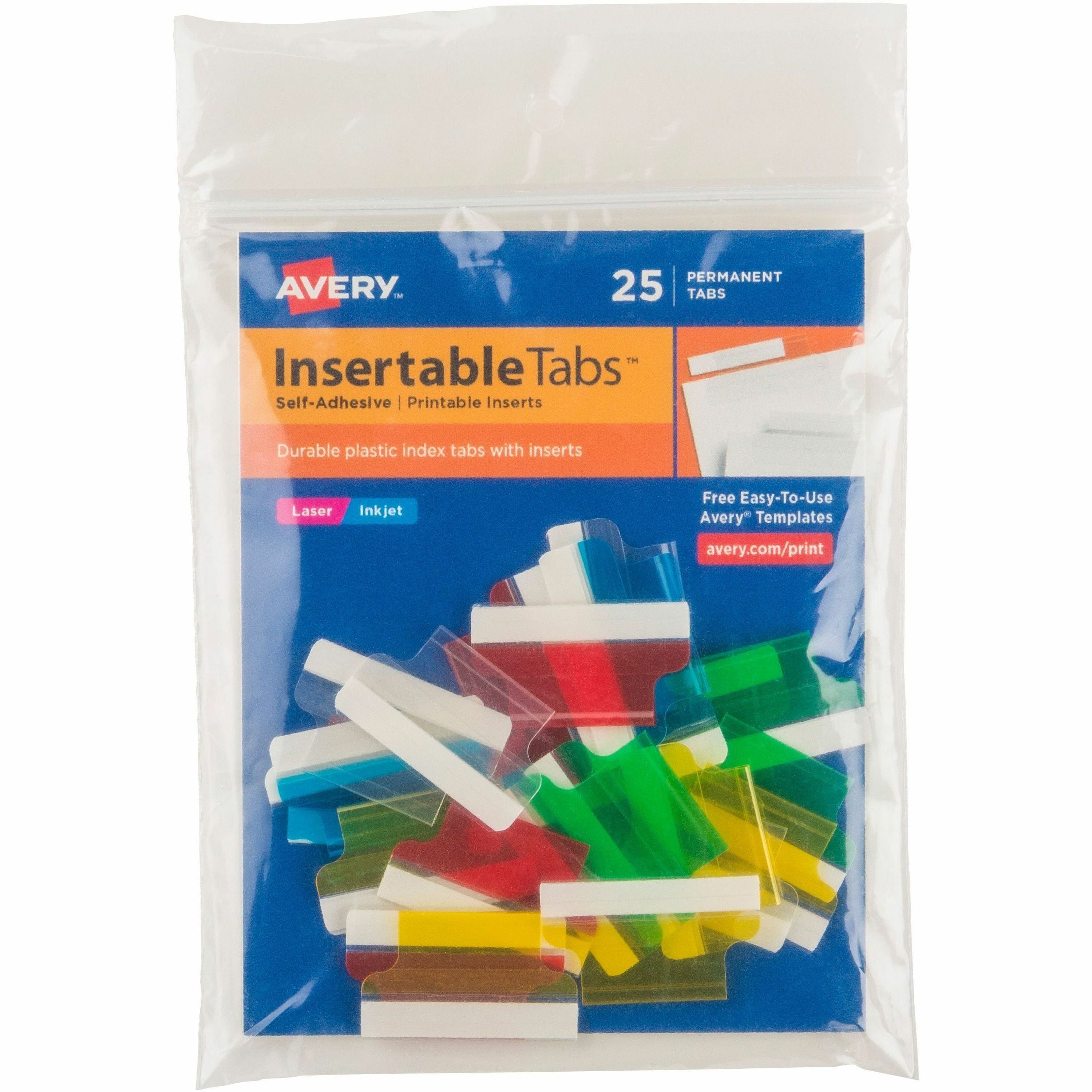 Avery®  Index Tabs with Printable Inserts - Print-on Tab(s) - 1" Tab Height - Self-adhesive, Permanent - Assorted Plastic Tab(s) - 25 / Pack