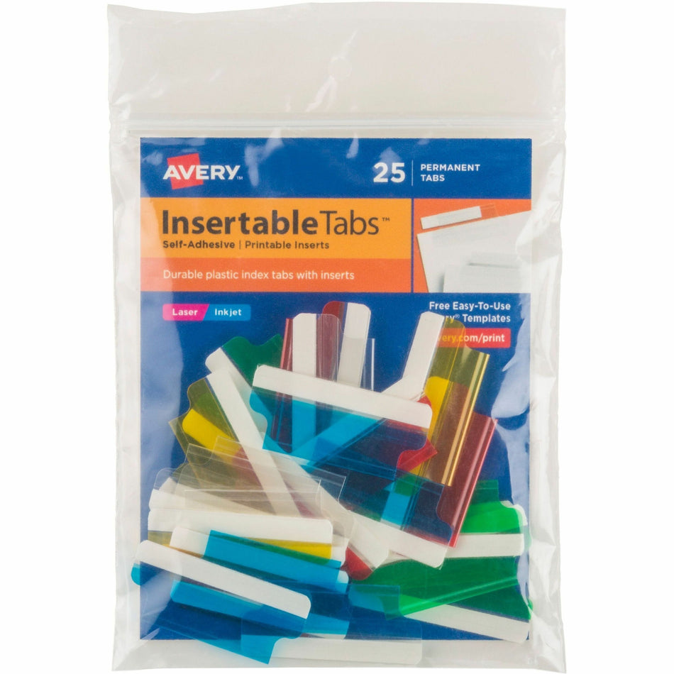 Avery®  Index Tabs with Printable Inserts - Print-on Tab(s) - 1.50" Tab Height - Self-adhesive, Permanent - Assorted Plastic Tab(s) - 25 / Pack