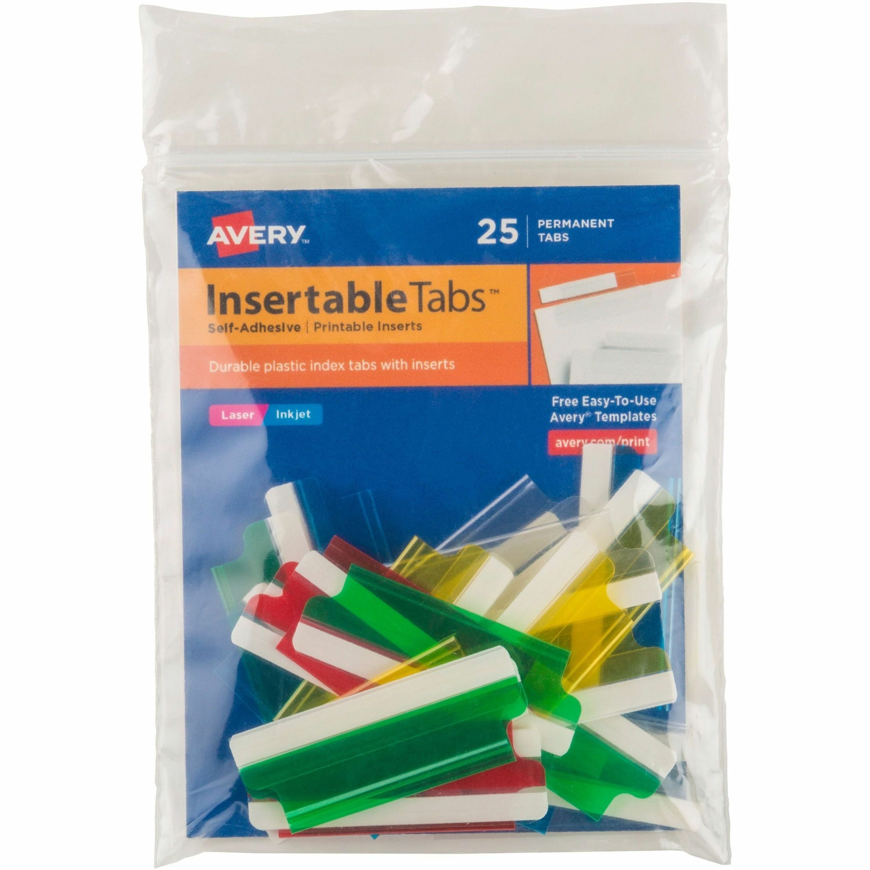 Avery®  Index Tabs with Printable Inserts - Print-on Tab(s) - 2" Tab Height - Self-adhesive, Permanent - Assorted Plastic Tab(s) - 25 / Pack
