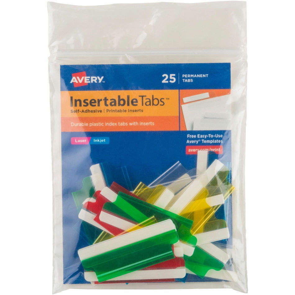 Avery®  Index Tabs with Printable Inserts - Print-on Tab(s) - 2" Tab Height - Self-adhesive, Permanent - Assorted Plastic Tab(s) - 25 / Pack
