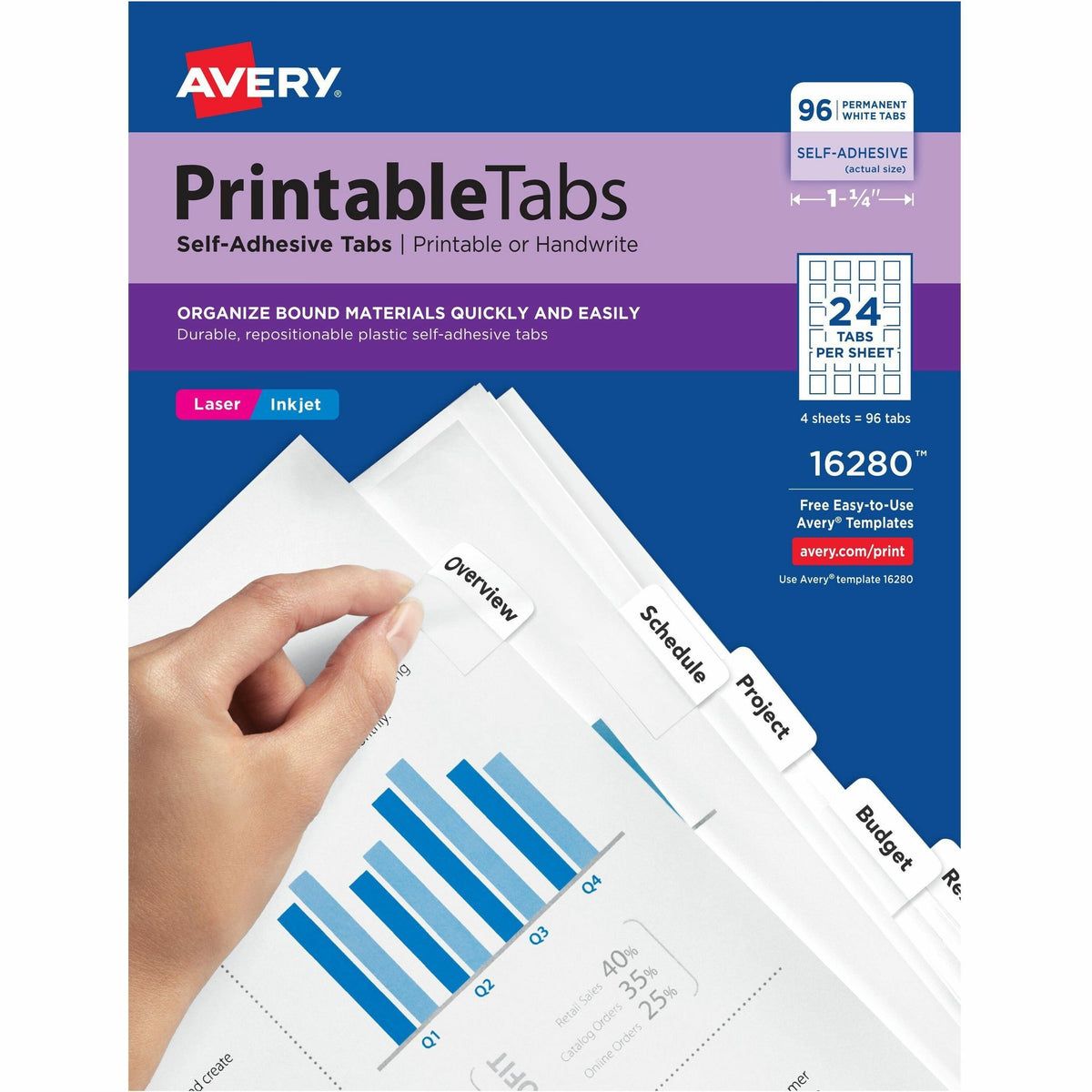 Avery®  Printable Repositionable Tabs - 96 Tab(s) - 1.25" Tab Width - Permanent - Paper Divider - White Paper Tab(s) - 96 / Pack