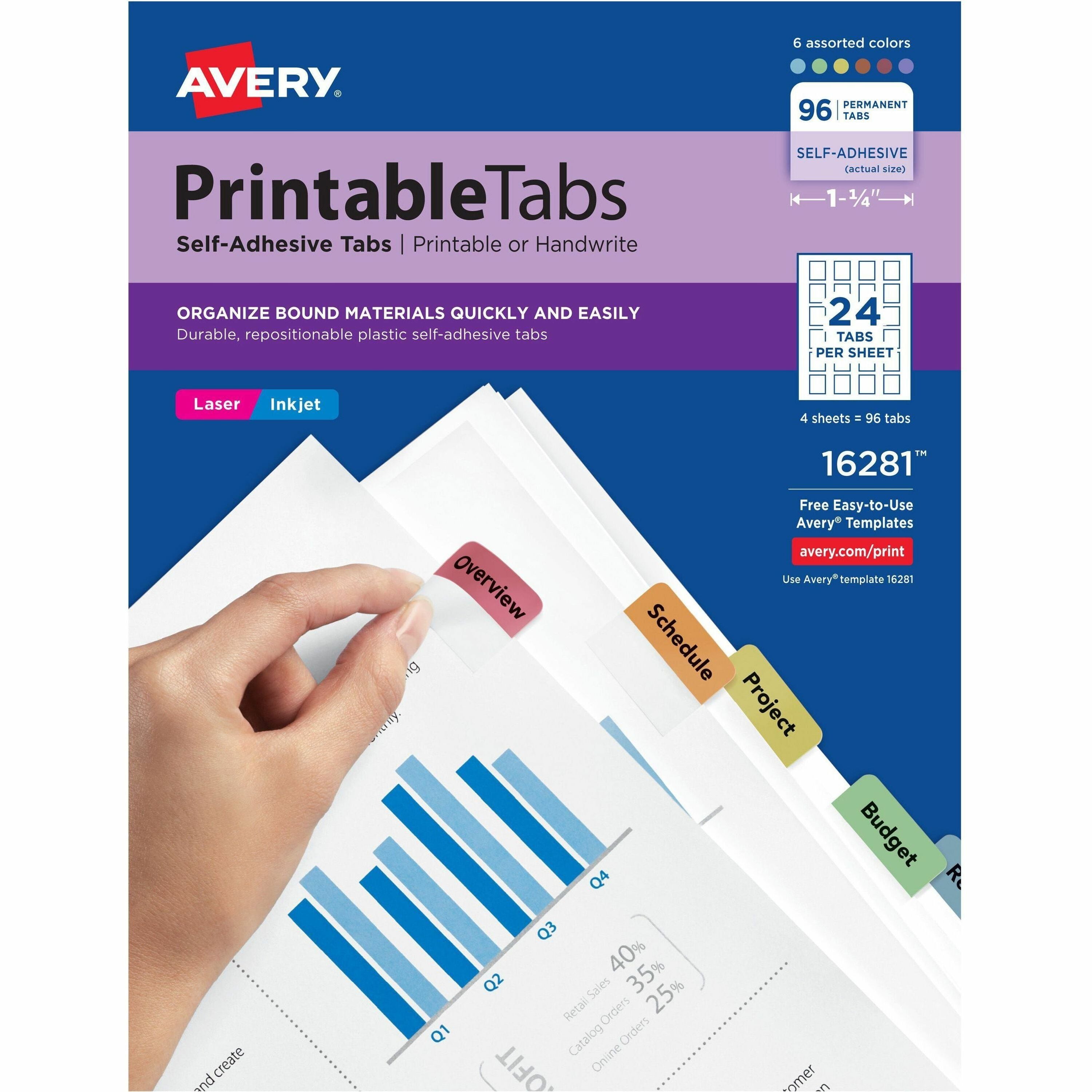 Avery®  Printable Repositionable Tabs - 96 Tab(s) - 1.25" Tab Width - Permanent - Paper Divider - Assorted Paper Tab(s) - 96 / Pack