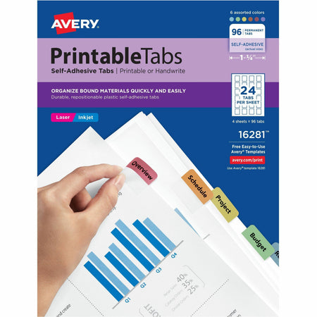 Avery®  Printable Repositionable Tabs - 96 Tab(s) - 1.25" Tab Width - Permanent - Paper Divider - Assorted Paper Tab(s) - 96 / Pack