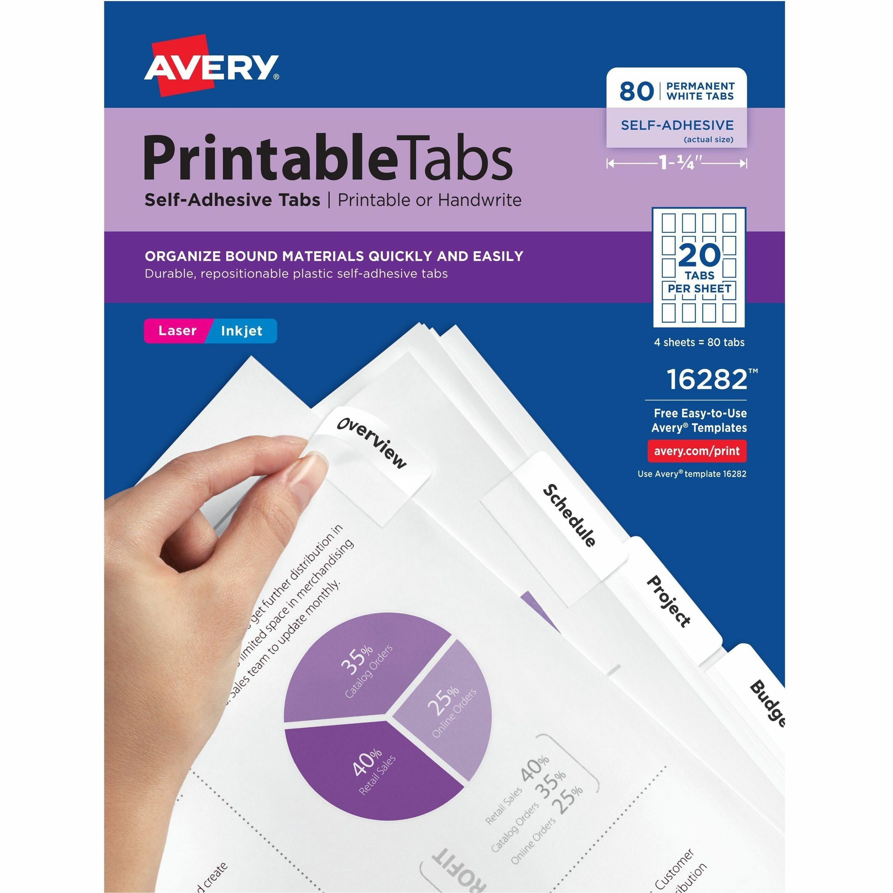 Avery®  Printable Repositionable Tabs - 80 Tab(s) - 1.75" Tab Width - Permanent - Paper Divider - White Paper Tab(s) - 80 / Pack