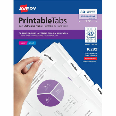 Avery®  Printable Repositionable Tabs - 80 Tab(s) - 1.75" Tab Width - Permanent - Paper Divider - White Paper Tab(s) - 80 / Pack