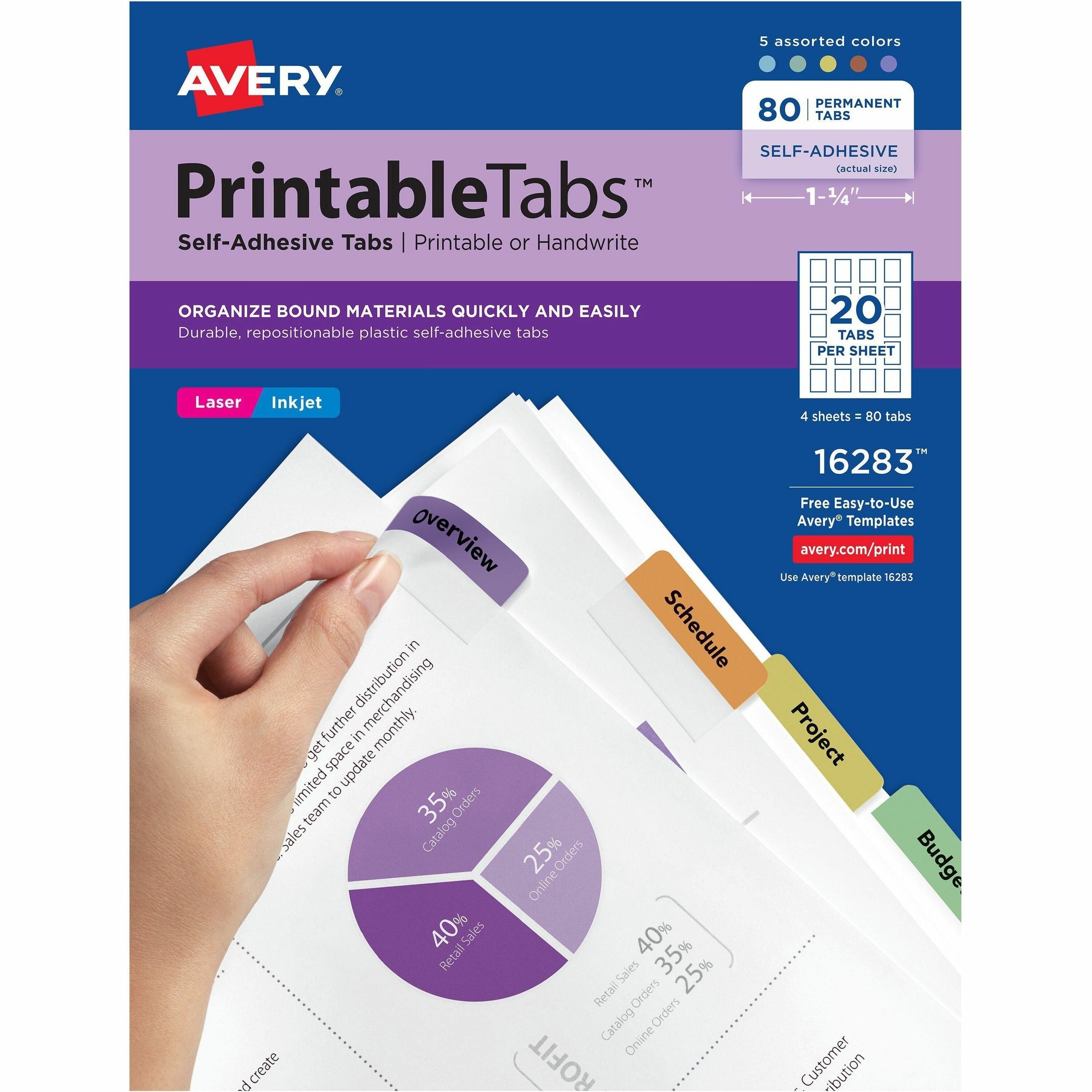 Avery®  Printable Repositionable Tabs - 80 Tab(s) - 1.75" Tab Width - Permanent - Paper Divider - Assorted Paper Tab(s) - 80 / Pack