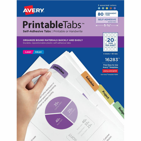 Avery®  Printable Repositionable Tabs - 80 Tab(s) - 1.75" Tab Width - Permanent - Paper Divider - Assorted Paper Tab(s) - 80 / Pack