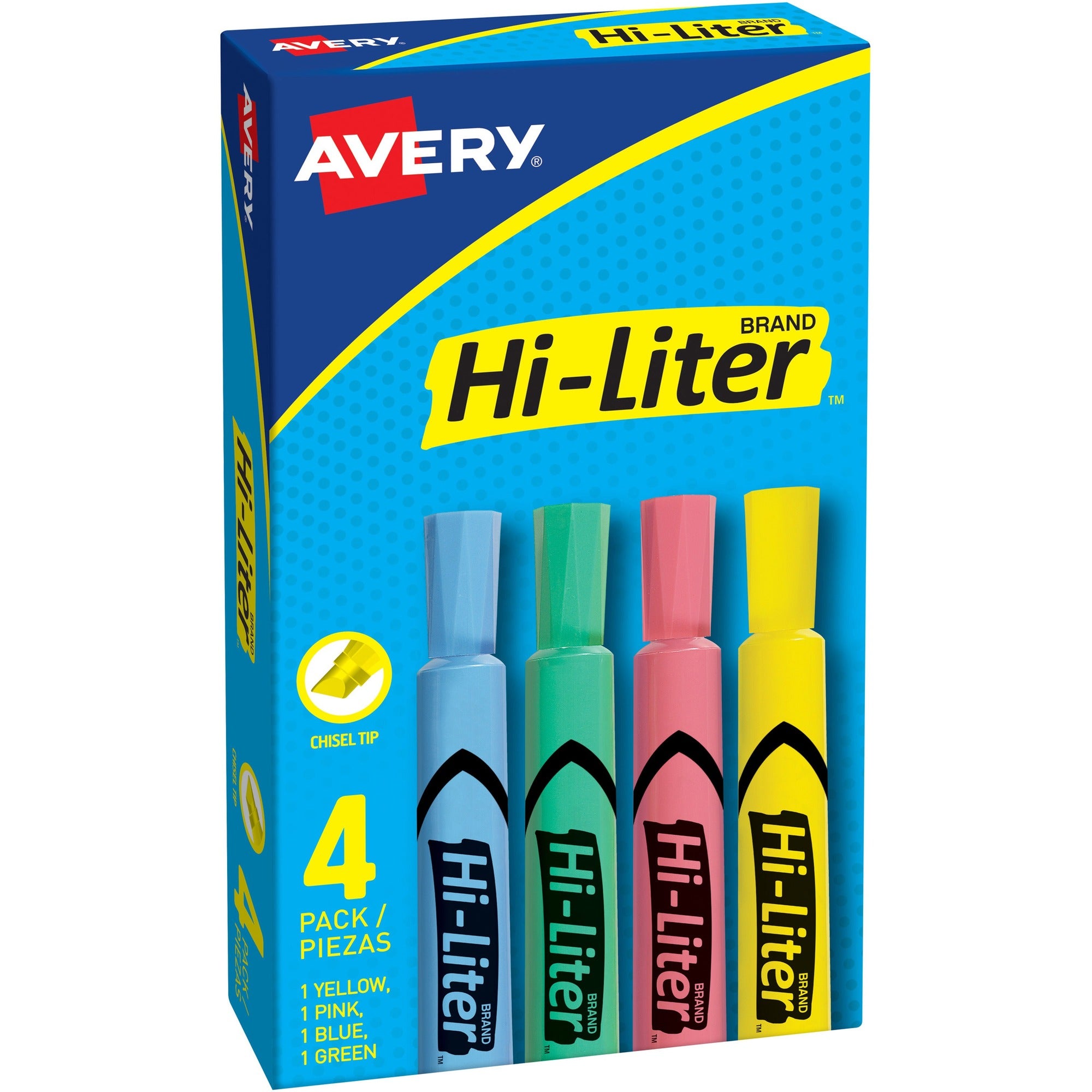 Avery®Hi-Liter Desk-Style Highlighters - Chisel Marker Point - Washable - Light Blue, Light Green, Light Pink, Yellow Ink - Water Based - Yellow, Light Green, Light Blue, Light Pink Barrel - 4 / Box