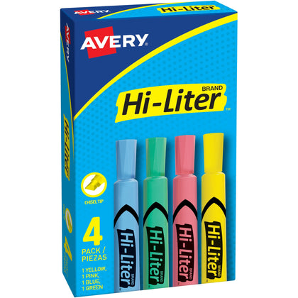 Avery® Hi-Liter Desk-Style Highlighters: Chisel Marker Point Washable Ink 4 Colors - Highlighters