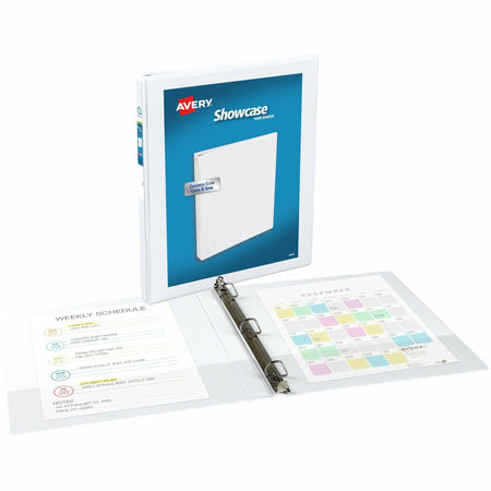 Avery®Showcase Economy View Binder - 1/2" Binder Capacity - Letter - 8 1/2" x 11" Sheet Size - 100 Sheet Capacity - 3 Ring(s) - Fastener(s): Round Ring - Pocket(s): 2, Inside Front & Back - White - Clear Overlay, Rivet, Non Locking Mechanism - 1 Each