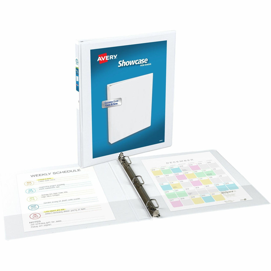 Avery®Showcase Economy View Binder - 1/2" Binder Capacity - Letter - 8 1/2" x 11" Sheet Size - 100 Sheet Capacity - 3 Ring(s) - Fastener(s): Round Ring - Pocket(s): 2, Inside Front & Back - White - Clear Overlay, Rivet, Non Locking Mechanism - 1 Each