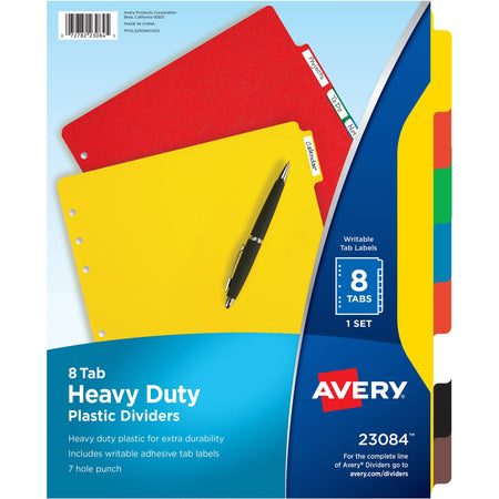 Avery® Plastic Tab Dividers w/ White Labels - 8 x Divider(s) - 8 Tab(s) - 8 - 8 Tab(s)/Set - 8.5" Divider Width x 11" Divider Length - 7 Hole Punched - Self-adhesive - Multicolor Plastic Divider - Multicolor Plastic Tab(s) - 8 / Set