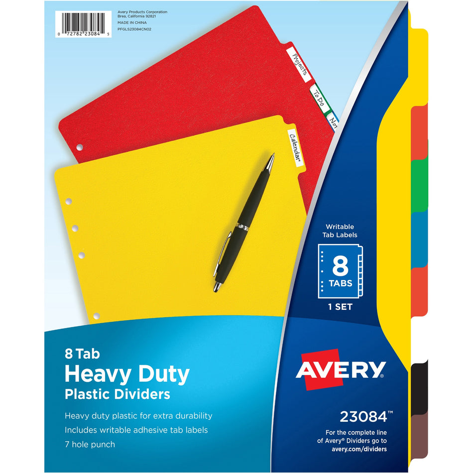 Avery® Plastic Tab Dividers w/ White Labels - 8 x Divider(s) - 8 Tab(s) - 8 - 8 Tab(s)/Set - 8.5" Divider Width x 11" Divider Length - 7 Hole Punched - Self-adhesive - Multicolor Plastic Divider - Multicolor Plastic Tab(s) - 8 / Set