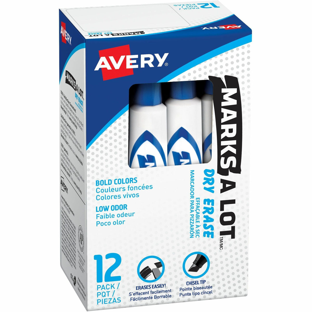 Avery®Marks A Lot Dry Erase Marker, 12 Blue Markers (24406) - 5 mm Chisel Marker Point - Erasable - Washable - Blue Ink - Dry - White Barrel - Home, Classroom, Office, School, Document, Writing