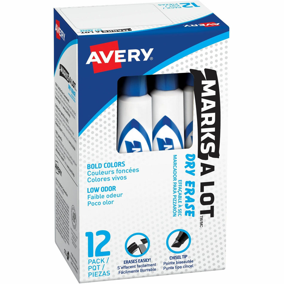 Avery®Marks A Lot Dry Erase Marker, 12 Blue Markers (24406) - 5 mm Chisel Marker Point - Erasable - Washable - Blue Ink - Dry - White Barrel - Home, Classroom, Office, School, Document, Writing