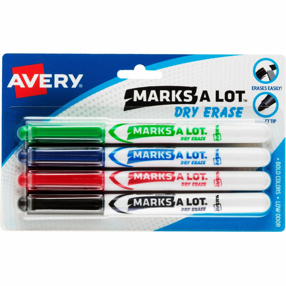 Avery®Marks A Lot Pen-Style Dry Erase Markers - Bullet Marker Point - Erasable - Washable - Black, Red, Blue, Green Ink - Black, Red, Blue, Green, White Barrel - 4 / Pack