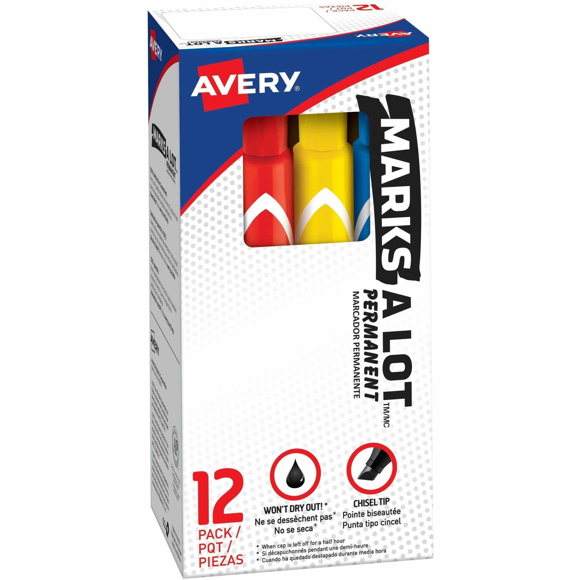 Avery®Marks A Lot Marks A Lot Permanent Markers - Large Desk-Style Size - Chisel Marker Point - Black, Blue, Orange, Green, Purple, Yellow Ink - 12 / Set