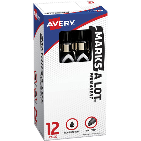 Avery®Marks A Lot Marks-A-Lot Desk-Style Permanent Markers - Bullet Marker Point - Black Ink - Black Barrel - 1 Dozen