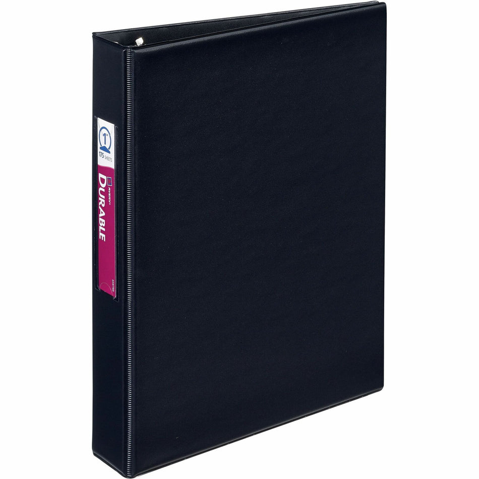 Avery®Mini Durable Binder - 1" Binder Capacity - 8 1/2" x 5 1/2" Sheet Size - 175 Sheet Capacity - 3 Ring(s) - Fastener(s): Round Ring - Pocket(s): 2, Internal - Vinyl - Black - Gap-free Ring, Label Holder, Stacked Pocket, Rivet - 1 Each