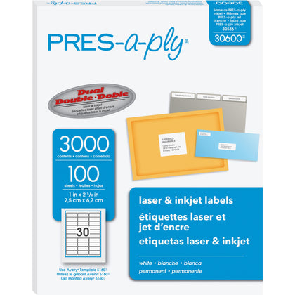 PRES-a-ply Labels: 1’’ x 2 5/8’’ Rectangle Permanent Adhesive - White - 3000/Box - Address / Shipping Labels