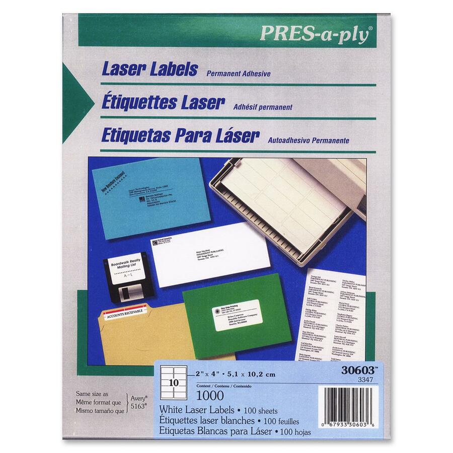 PRES-a-ply White Labels - 2" Width x 4" Length - Permanent Adhesive - Rectangle - Laser, Inkjet - Matte - White - Paper - Permanent Adhesive - 10 / Sheet - 100 Total Sheets - 1000 Total Label(s) - 1000 / Box