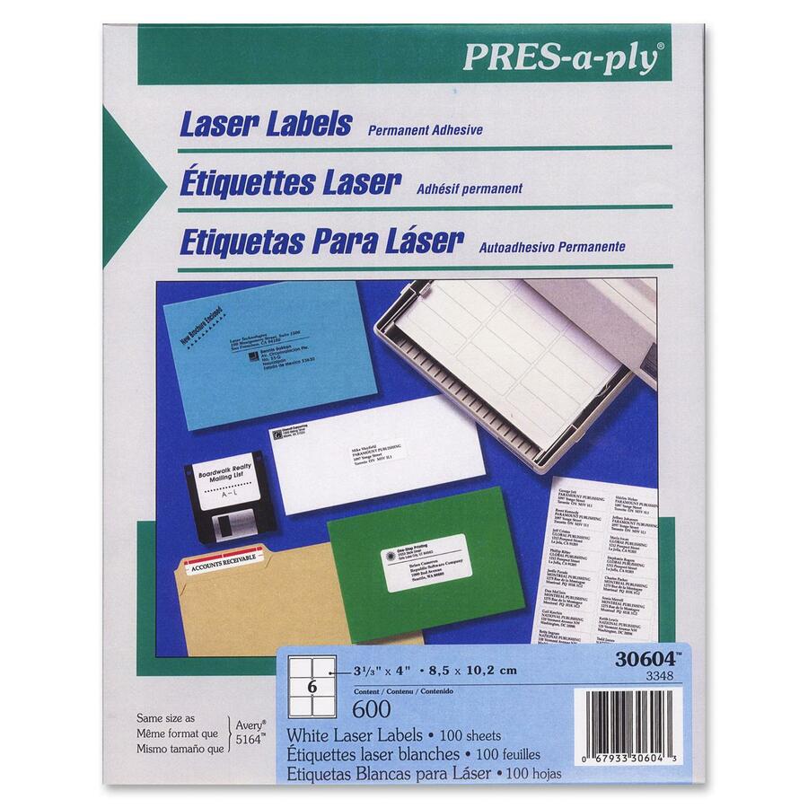 PRES-a-ply White Labels - 3 21/64" Width x 4" Length - Permanent Adhesive - Rectangle - Laser, Inkjet - White - Paper - 6 / Sheet - 100 Total Sheets - 600 Total Label(s) - 600 / Box