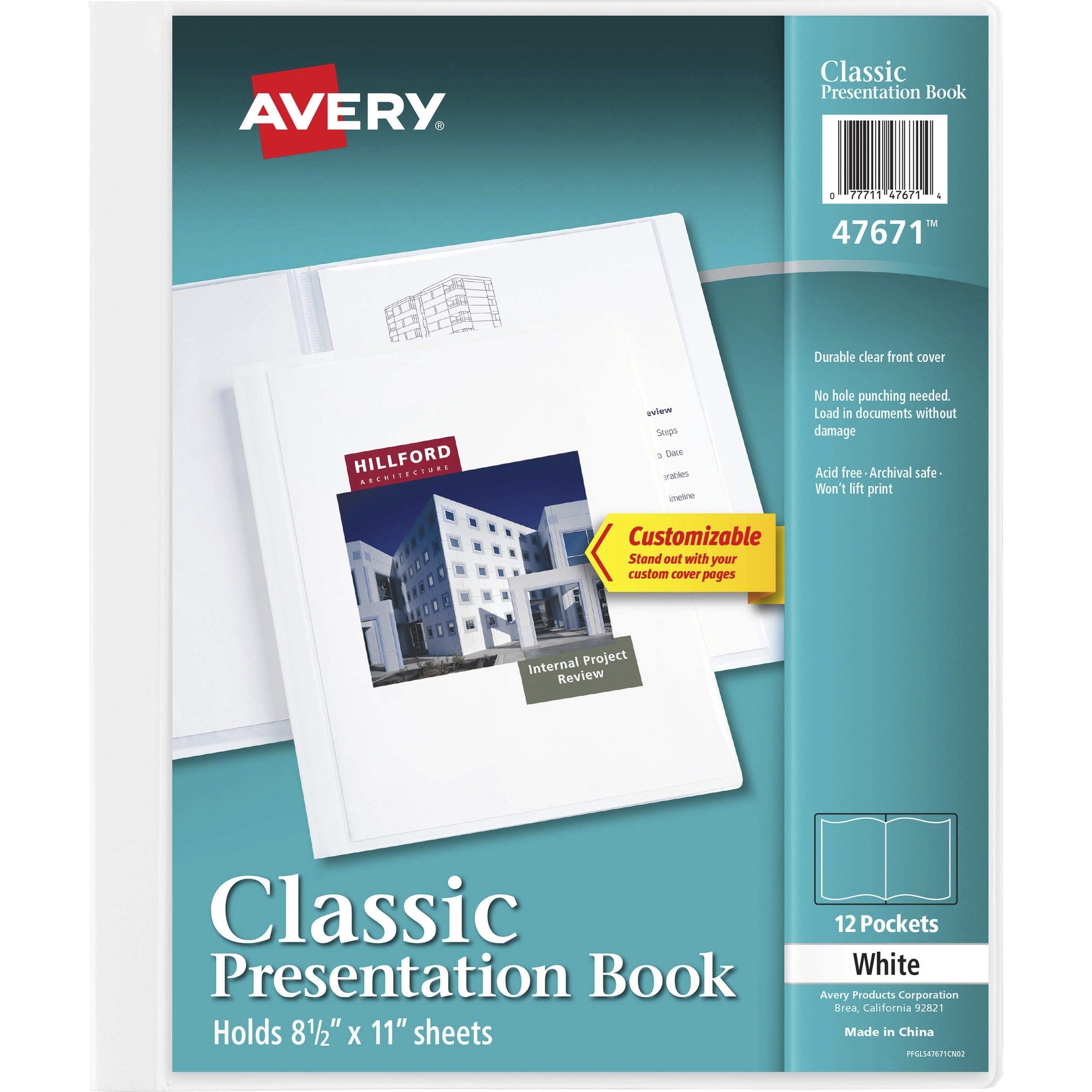 Avery®White Presentation Book - Letter - 8 1/2" x 11" Sheet Size - 24 Sheet Capacity - Pocket(s): Internal - Polypropylene - Non-stick, Spill-free, Durable - 1 Each