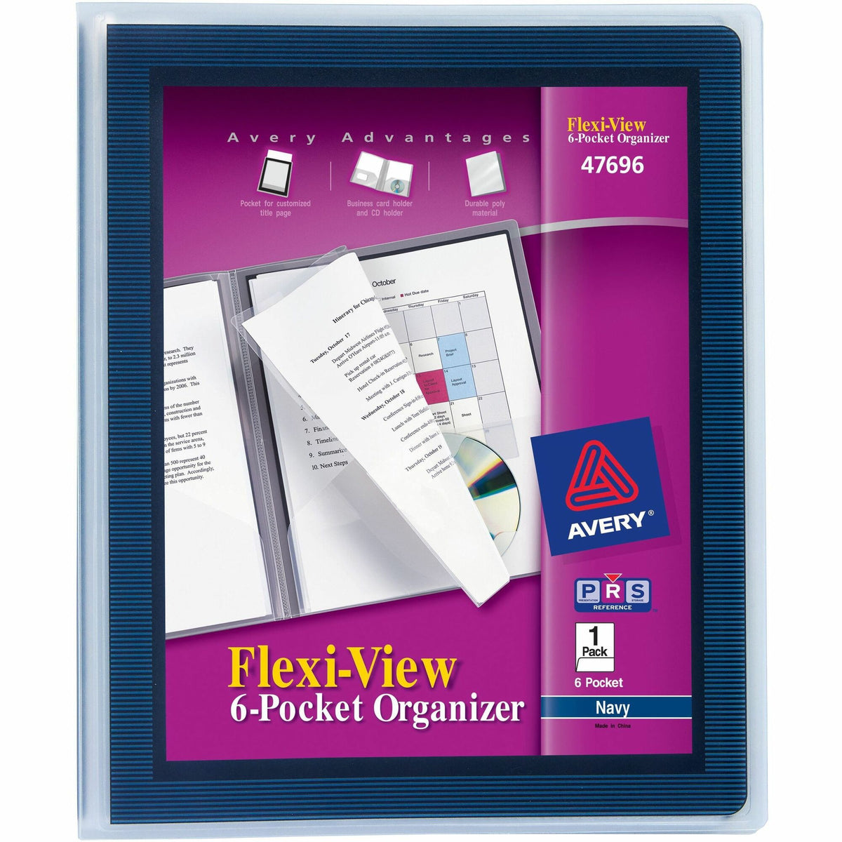 Avery®Flexi-View Letter Pocket Folder - 8 1/2" x 11" - 150 Sheets Capacity - 6 Internal Pocket(s) - Polypropylene - Navy Blue - Non-stick, CD Holder, Durable - 1 Each