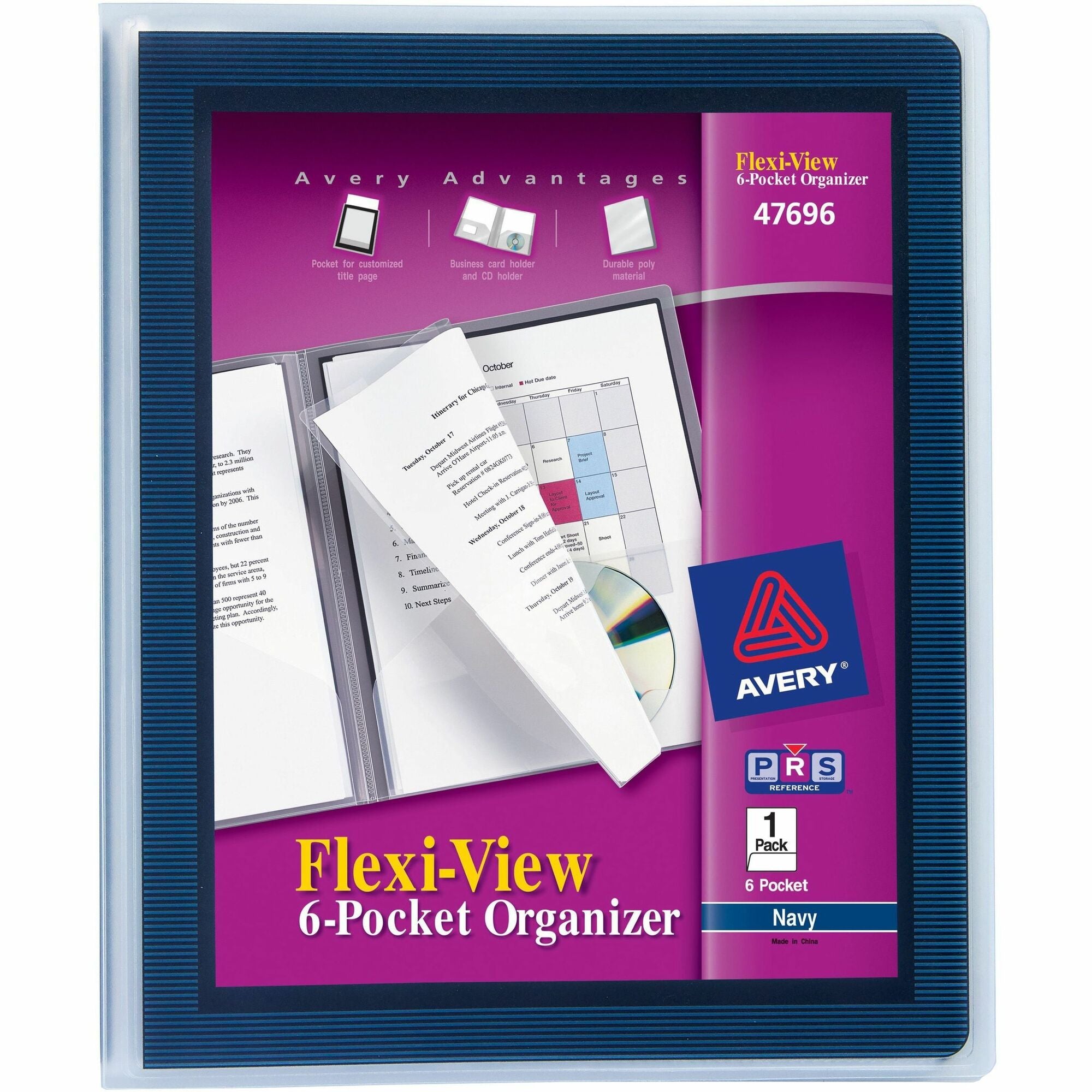 Avery®Flexi-View Letter Pocket Folder - 8 1/2" x 11" - 150 Sheets Capacity - 6 Internal Pocket(s) - Polypropylene - Navy Blue - Non-stick, CD Holder, Durable - 1 Each