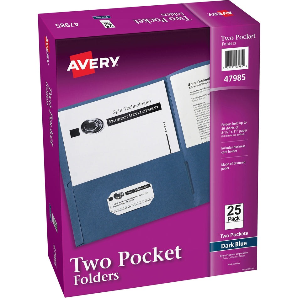 Avery®Letter Pocket Folder - 8 1/2" x 11" - 40 Sheets Capacity - 2 Internal Pocket(s) - Paper - Dark Blue - 0% Recycled - 25 / Box