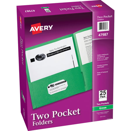Avery®Letter Pocket Folder - 8 1/2" x 11" - 40 Sheets Capacity - 2 Internal Pocket(s) - Paper - Green - 0% Recycled - 25 / Box
