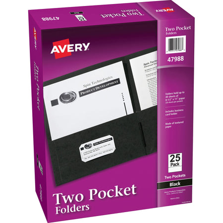 Avery®Letter Pocket Folder - 8 1/2" x 11" - 40 Sheets Capacity - 2 Internal Pocket(s) - Paper - Black - 0% Recycled - 25 / Box