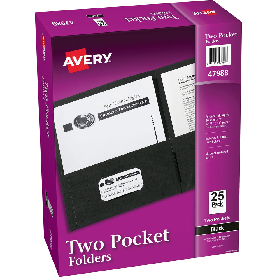 Avery®Letter Pocket Folder - 8 1/2" x 11" - 40 Sheets Capacity - 2 Internal Pocket(s) - Paper - Black - 0% Recycled - 25 / Box