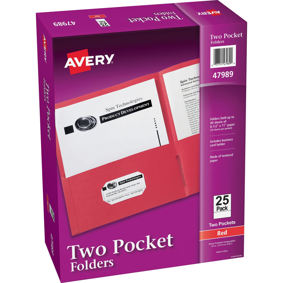 Avery®Letter Pocket Folder - 8 1/2" x 11" - 40 Sheets Capacity - 2 Internal Pocket(s) - Paper - Red - 0% Recycled - 25 / Box