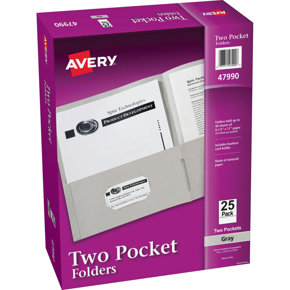 Avery®Letter Pocket Folder - 8 1/2" x 11" - 40 Sheets Capacity - 2 Internal Pocket(s) - Paper - Gray - 0% Recycled - 25 / Box