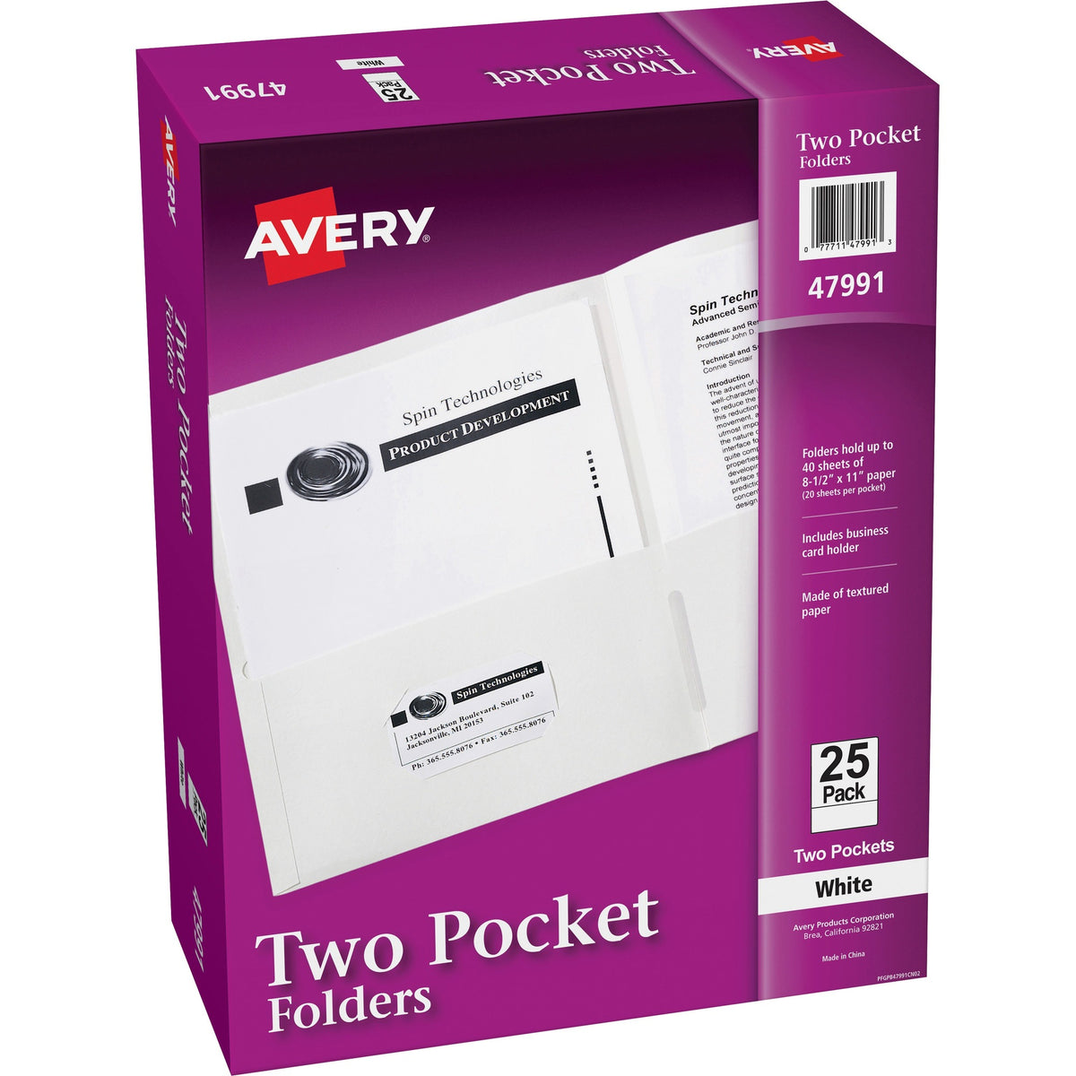 Avery®Letter Pocket Folder - 8 1/2" x 11" - 40 Sheets Capacity - 2 Internal Pocket(s) - Paper - White - 0% Recycled - 25 / Box