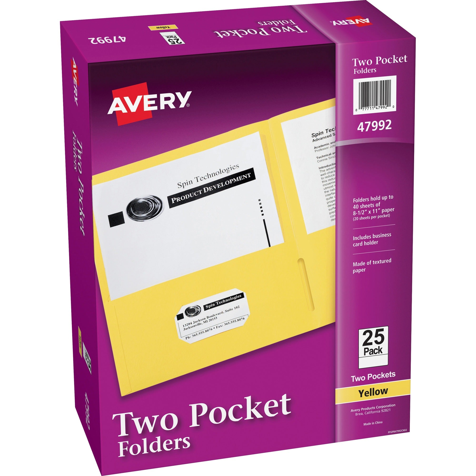 Avery®Letter Pocket Folder - 8 1/2" x 11" - 40 Sheets Capacity - 2 Internal Pocket(s) - Paper - Yellow - 0% Recycled - 25 / Box