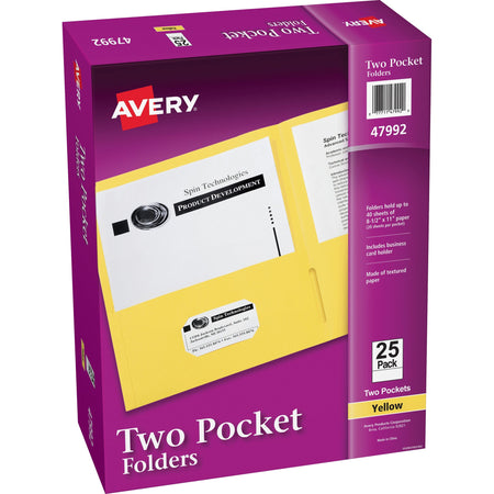 Avery®Letter Pocket Folder - 8 1/2" x 11" - 40 Sheets Capacity - 2 Internal Pocket(s) - Paper - Yellow - 0% Recycled - 25 / Box