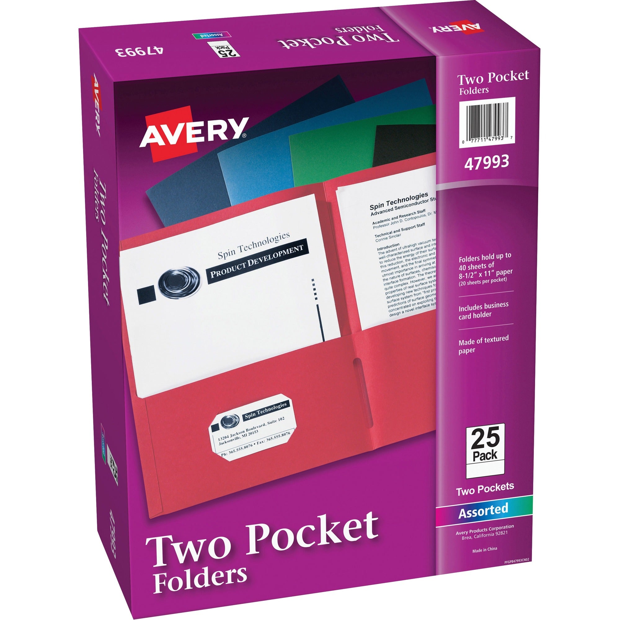 Avery®Letter Pocket Folder - 8 1/2" x 11" - 40 Sheets Capacity - 2 Internal Pocket(s) - Paper - Assorted - 0% Recycled - 25 / Box