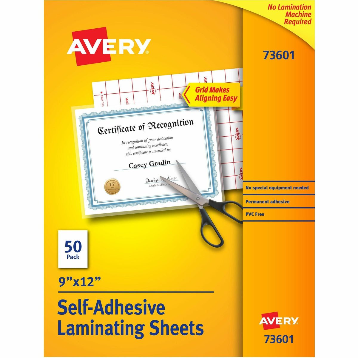 Avery®  Self-Adhesive Lamination - Laminating Pouch/Sheet Size: 9" Width x 12" Length - for Certificate - Self-adhesive, Photo-safe, Self-adhesive - Clear - 50 / Box