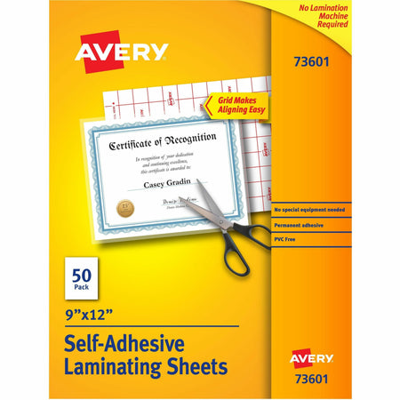 Avery®  Self-Adhesive Lamination - Laminating Pouch/Sheet Size: 9" Width x 12" Length - for Certificate - Self-adhesive, Photo-safe, Self-adhesive - Clear - 50 / Box