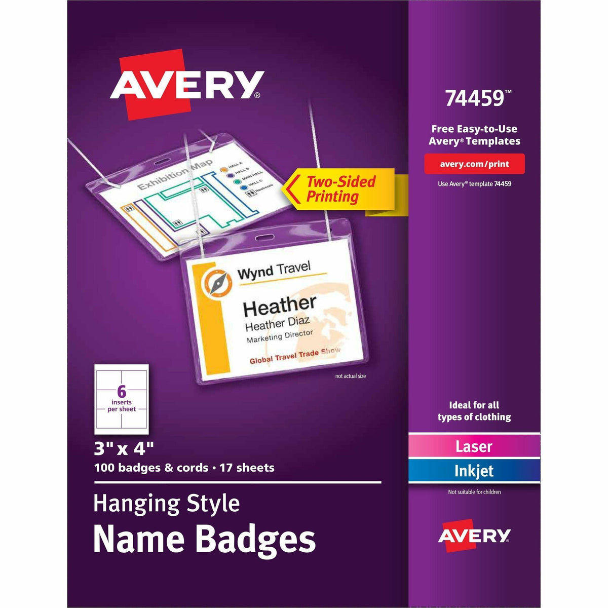 Avery Name Badges with Cords, 3" x 4" , 100 Total (74459) - Letter - 8 1/2" x 11" - Printable, Durable, Micro Perforated, PVC-free, Double-sided, Smudge-free, Flexible - White - 17 Sheets - 6 - 100 / Pack